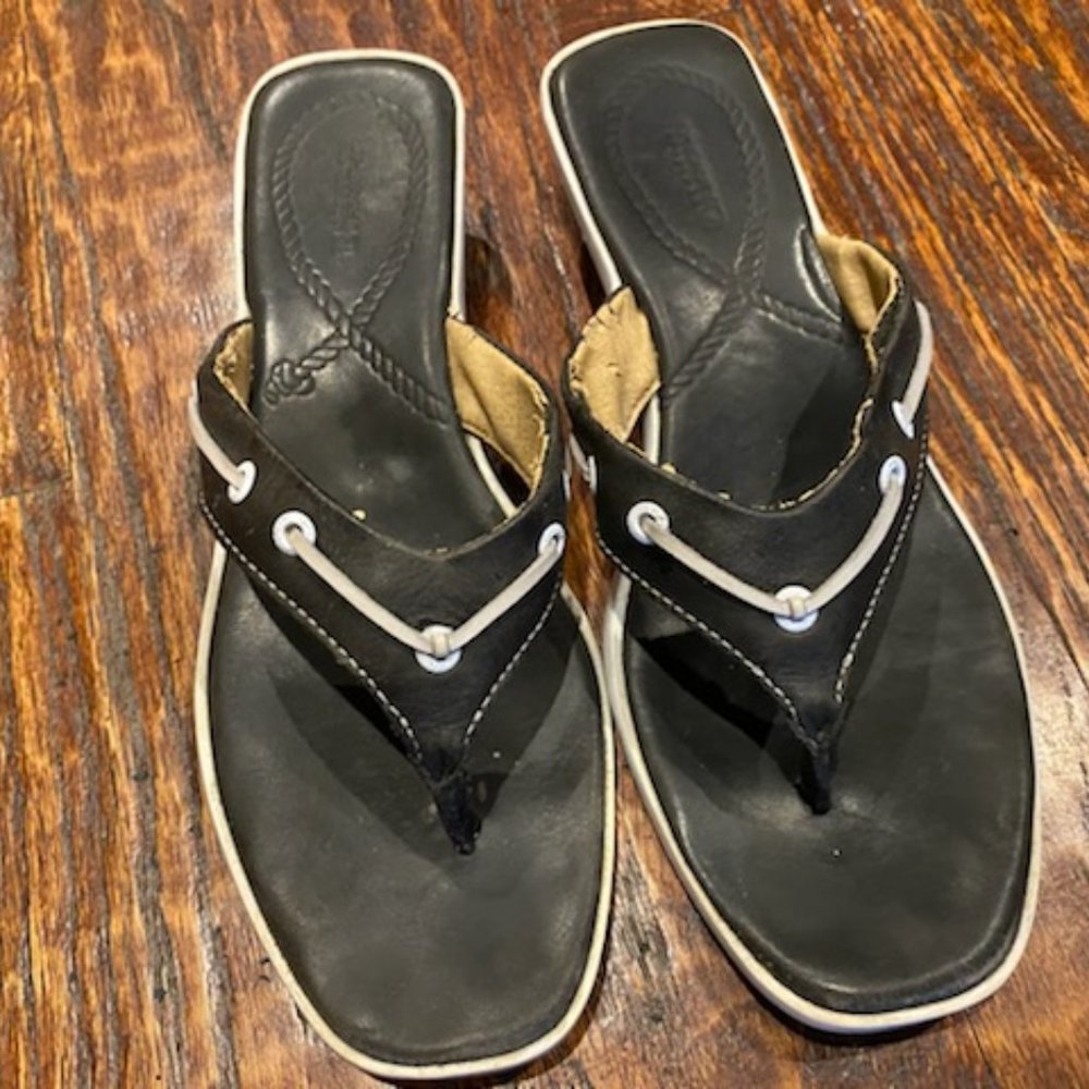 SPERRY TOPSIDERS * BLACK LEATHER Sandal FLIP FLOPS * WHITE HEELS & TRIM * 8 M